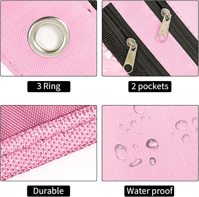 YoeeJob 2 Pack Expandable Pencil Pouches for 3 Ring Binders, Pink | 1-inch expansion, 2 clear PVC pockets, 3 holes, large-capacity storage for school and office supplies.