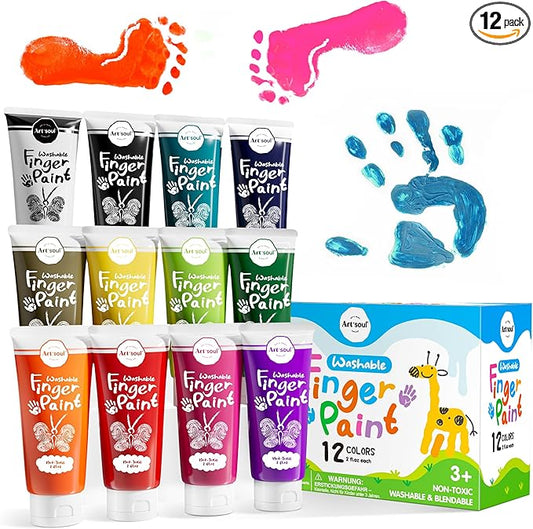 Art+soul SuperEasy Washable Finger Paint, 2 OZ x 12 Colors, Non-Toxic Blendable Cream Texture, for Fingers, Arm skin, Paper, Plastic, Fabric, Glass, Mirror, Window, Whiteboard, Blackboard, Metal Panel