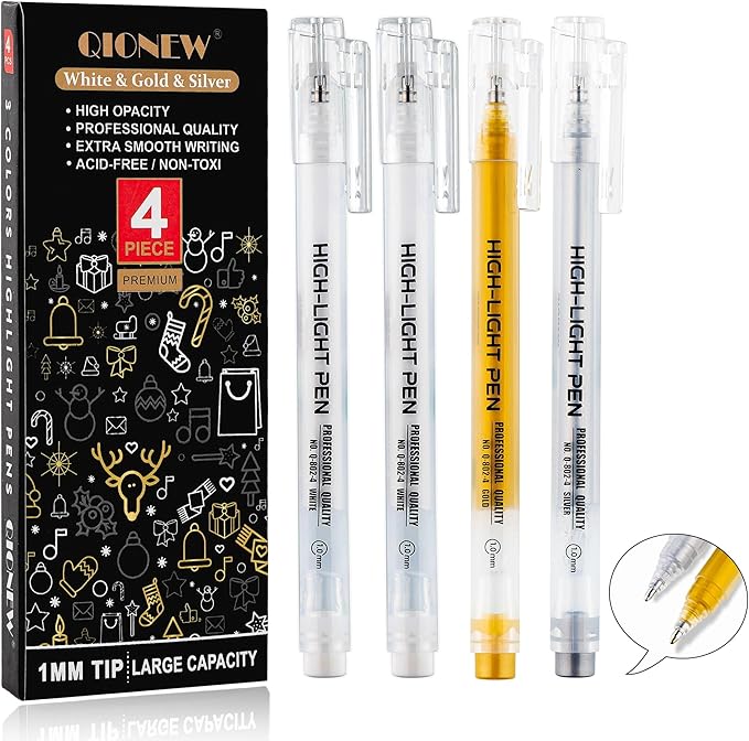 Qionew Gold Silver White Gel Pens, 3 Pack, 1mm Gel Ink Pen, Opaque Ink, Gel Pen for Artists, for Black Paper Drawing, Holiday Crafts, Illustration, Card Making, Bullet Journaling