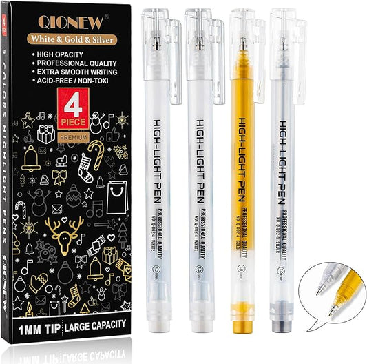 Qionew Gold Silver White Gel Pens, 3 Pack, 1mm Gel Ink Pen, Opaque Ink, Gel Pen for Artists, for Black Paper Drawing, Holiday Crafts, Illustration, Card Making, Bullet Journaling