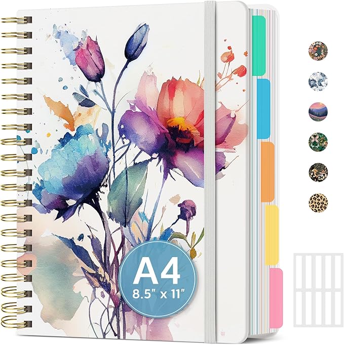 Large Spiral Notebook with Dividers & Tabs, 8.5" x 11" Hardcover 5 Subject Notebook for Work, 280 Pages, College Ruled, Cute Journal for Women, Perfect for Study & Office Note Taking, Painted Bloom