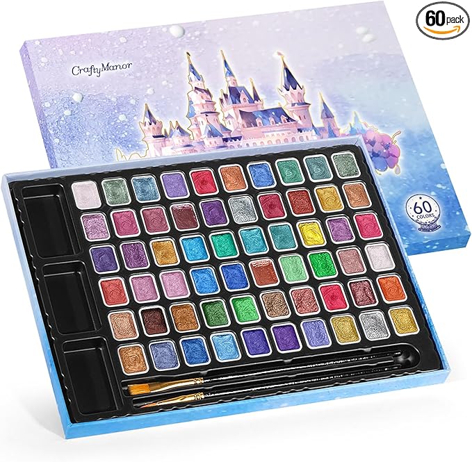 CraftyManor Mini Glitter Watercolor Paint Set with Paper, 60 Colors Shimmer Metallic Watercolour Painting Sets, Solid Pearl Water Color Paints, 1ml Trial Package(1ml 60 Colors)