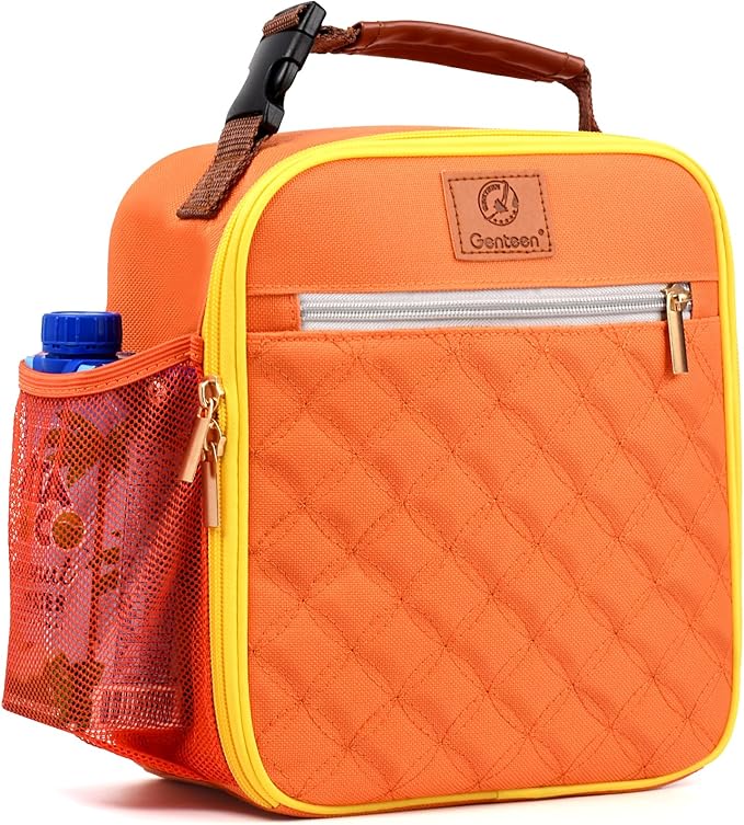Genteen Lunch Box Reusable Lunch Bag for Men Women Kids Adults,Insulated Lunch Bag Waterproof Lunch Box Cooler,Small LunchBox With Side Pockets for Work Office School Travel Picnic-Orange