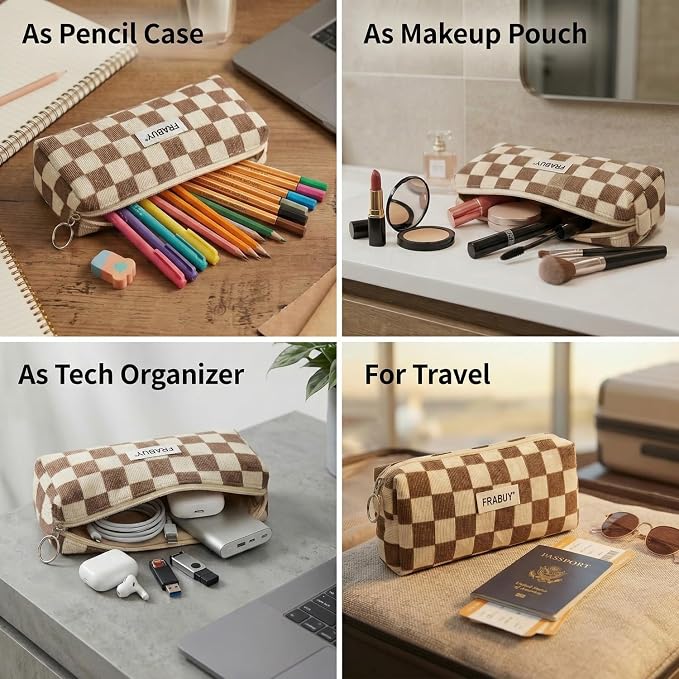 Soft Corduroy Pencil Case Pen Pouch Organizer, Small Stationery Bag | Cute Crown Checkerboard Pouch, Smooth Zipper, Daily Cosmetics Holder, Compact Organizer for School Teen Girls, Women