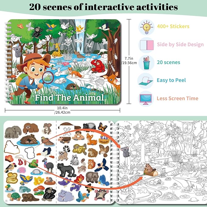 Elfew Find The Animal Sticker Book for Kids Ages 2-4, Include 20 Theme Stickers for Kids, Learning & Educational Toy, Find Over 400+ Hidden Object, Airplane Toys for Toddlers 3-5, Preschool Activities