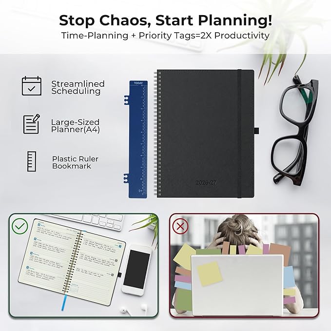 Planner 2026-2027 Daily Weekly and Monthly,11.5"x8.5",18 Months Spiral Bound Calendar Agenda with Self-adhesive Pen Holder,2026 Academic Plan with Vegan Leather Soft Cover,Black