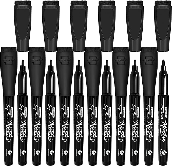 Scribbledo 12 Pack Magnetic Dry Erase Markers Black Fine Tip Whiteboard Markers with Eraser Cap Thin Low Odor Skinny White Board Markers for Adults Students Teachers Art Home School & Office