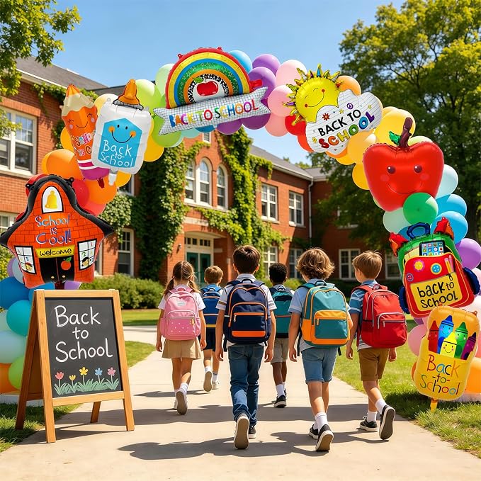 8PCS Back to School Balloons Set, Apple School Backpack Pencil Rainbow Crayon Correction Fluid Bottle Sun Balloons, Classroom Decorations for First Day of School Welcome Party Supplies