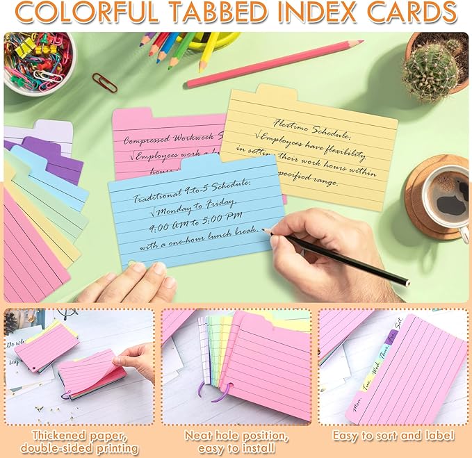 ZYNERY Colored Index Cards 3x5 Inches 375 PCS Flash Cards with Rings and Sticky Tabs, Multicolor Notecards Lined Both Sides Flashcards for Studying, School and Office Supplies