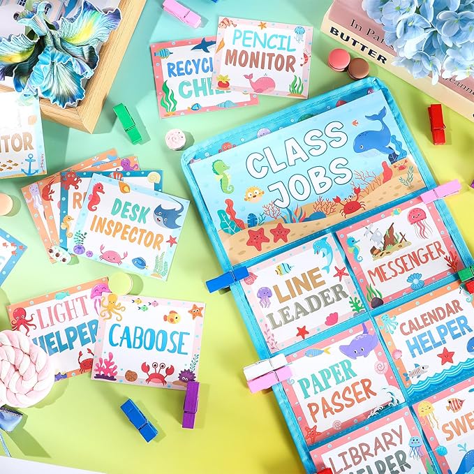 Blosssound Class Jobs Pocket Chart with 31 Cards 40 Colored Clips Classroom Teacher's Helper Management Educational Pocket Chart Bulletin Board Decorations Preschool Supplies(Ocean)