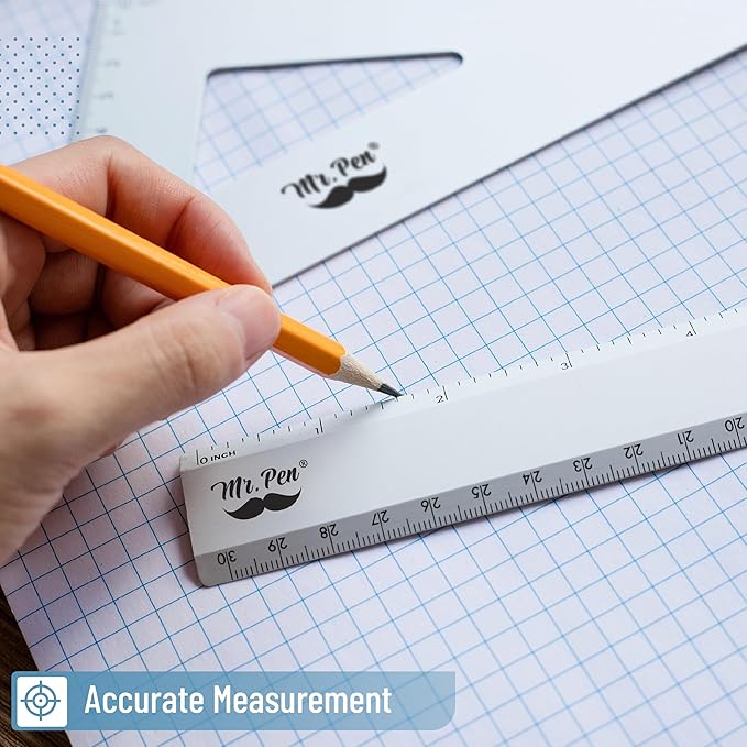 Mr. Pen- Metal Geometry Kit, 4 Pack, 45° & 30°/60° Set Squares, 6" Protractor & 12" Ruler, Durable Metal Drafting Tools for Technical Drawing, Math, Engineering & Architecture
