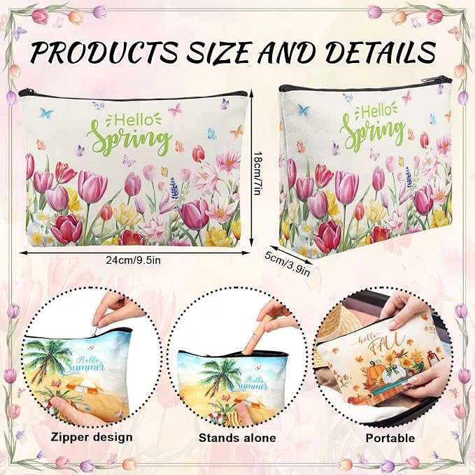 Reginary 12 Pcs Seasonal Makeup Bags, Summer & Festival Themed Cosmetic Bags with Zippers, Gnome Floral Pouch Bulk, Appreciation Gifts for Women, Teacher, Travel Holiday Party Supplies