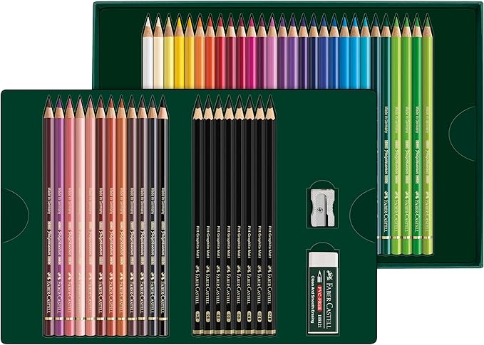 Faber-Castell Polychromos Colored Pencils and Pitt Graphite Matte Gift Set, 50 Piece Sketch Pencils and Art Colored Pencils Set with Accessories