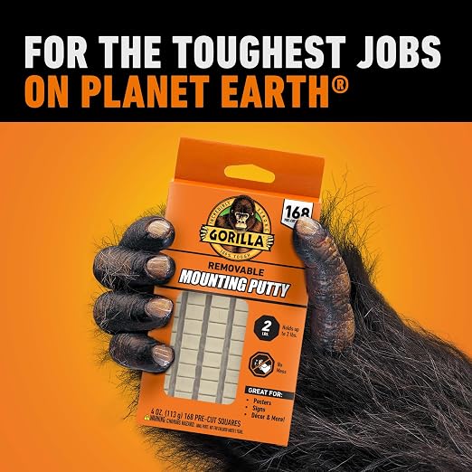 Gorilla Removable Mounting Putty Reusable & Repositionable Adhesive 168 Count Pre-Cut Squares (Pack of 1) Holds 2 lbs. Back to School Supplies for Teachers Students Parents, Indoor Outdoor