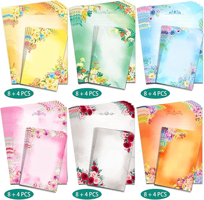 Anzon Mories 72 Pieces Cute Stationary Writing Paper and Envelope Set (2 Sides Colored, 1 Side Lined) 48 Sheets, 24 Pcs Envelopes, Flower Letter Stationery Floral Decoration (Inches, 5.5 x 7.5)