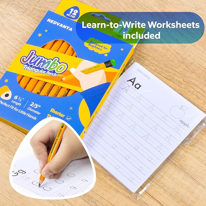 Jumbo HB Pre-sharpened Pencils #2 for Toddlers Preschoolers First Writing, Thick Triangular Grip Fat Pencils with Latex-Free Erasers, Break-Resistant, Back to School Supplies, 12 Count