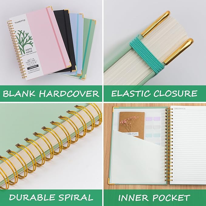 VANRTTO Hardcover Spiral Notebook, B5 Notebooks College Ruled, 110 GSM Thick Lined Paper Notebooks for Work, School and Travel, 300 Pages Journals for Writing, Large Journal for Women New Black B5