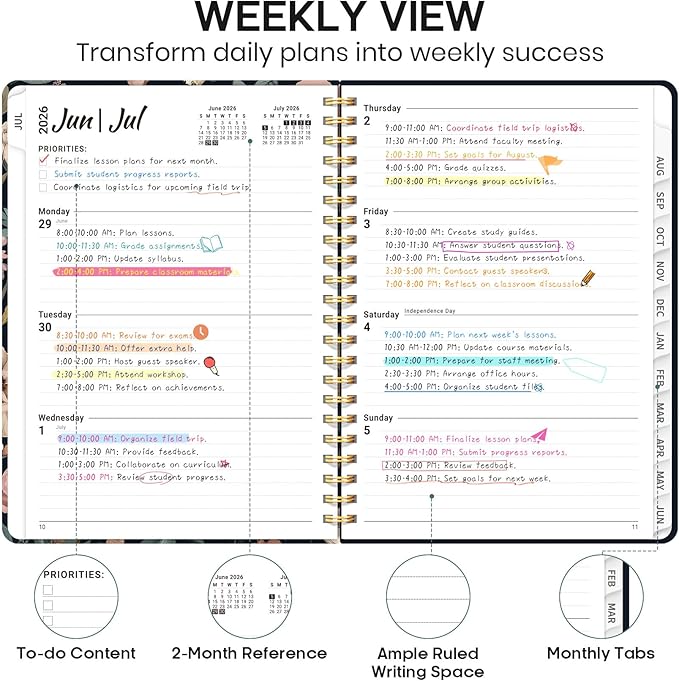 Academic Planner 2026-2027, Weekly and Monthly Calendar Book, July 2026 – June 2027, Hardcover Planner with Tabs, Perfect for Teachers, Students, Women & Men, A5 (6.4" x 8.5") - Evening Petals