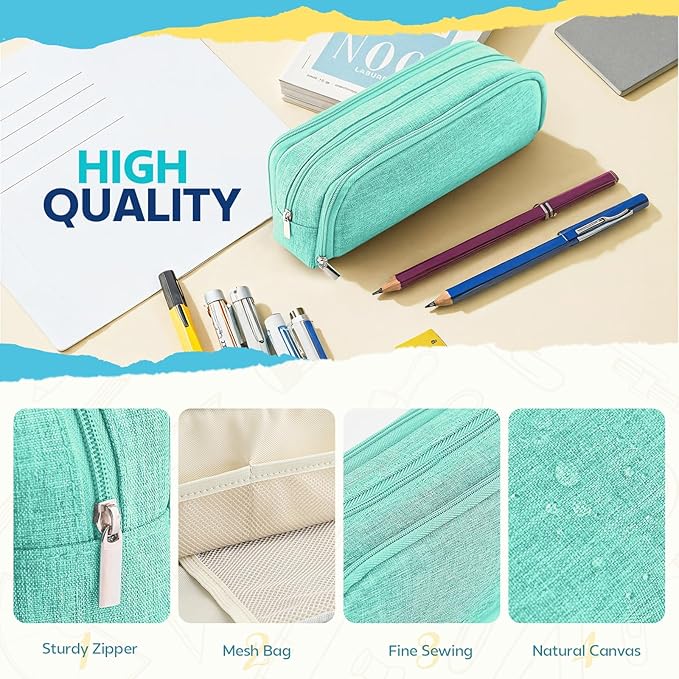 Large Capacity Pencil Case Pencil Pouch Pen Bag with 3 Compartment Stationery Organizer with Zipper, School Supplies Organizer for Teen Adults (green)