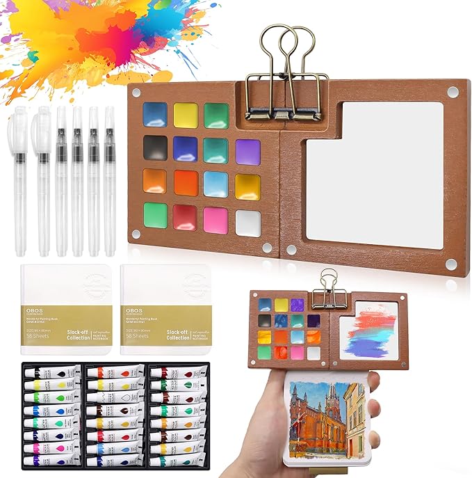 Pocket Watercolor Paint Set - 24 Vibrant Colors, Pocket Art Kit with 15-Well Walnut Palette - for Travel, Beginners, Outdoor Sketching & Painting Gift