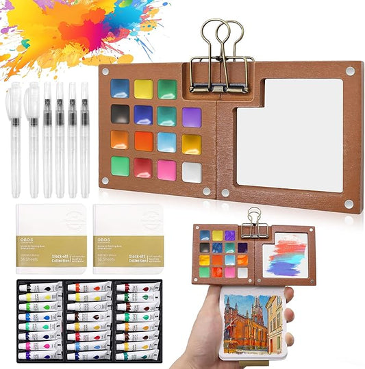 Pocket Watercolor Paint Set - 24 Vibrant Colors, Pocket Art Kit with 15-Well Walnut Palette - for Travel, Beginners, Outdoor Sketching & Painting Gift