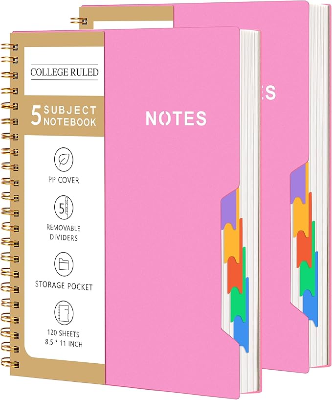 CAGIE 2 Pack 5 Subject Notebook College Ruled 8.5 x 11 Notebooks for Work School Note Taking with Removable Dividers & Pocket Hardcover Spiral Lined Journal Notebook, School Supplies, Pink
