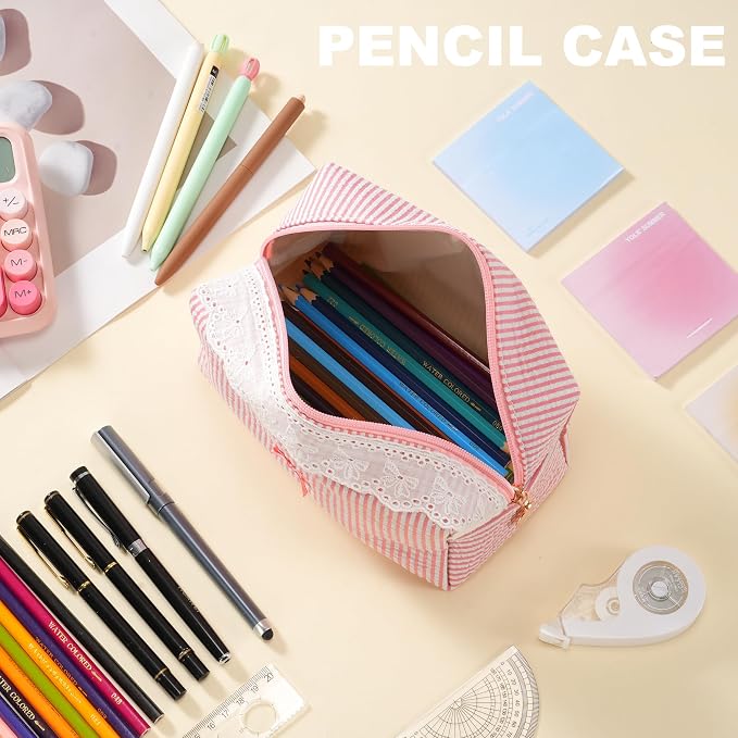 Makeup Bag Travel Toiletry Bag for Women, Small Cosmetic Bags with Lace Trim Cute Blush Stripe Aesthetic Organizer Makeup Pouch for Purse Emergency Bag Pencil Case Accessory Bag