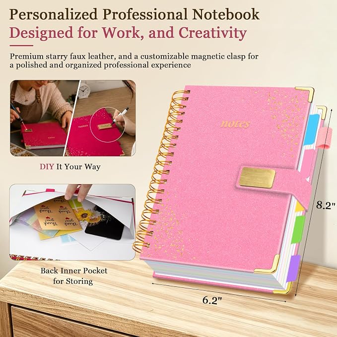 Spiral Notebook Journal 6.2''x 8.2'' 5 Subject Notebook with Dividers, 300 Pages Notebook College Ruled with Magnetic Closure, A5 Tabbed Notebooks for Work School, Sparkle Journal for Women (Pink)