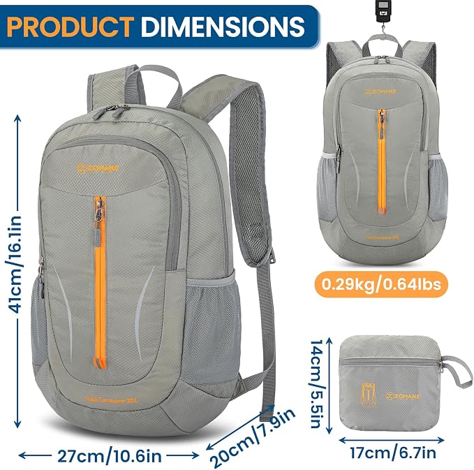 ZOMAKE Lightweight Packable Backpack 25L, Foldable Hiking Daypack | Water Resistant Small Folding Backpacks for Travel, Everyday Carry, Multi-Pocket Layout, Breathable Shoulder Strap
