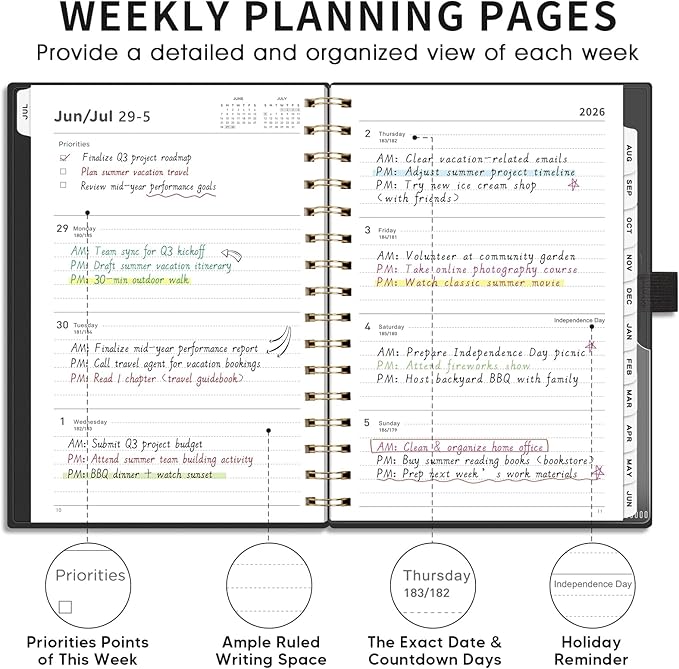 AHGXG Academic Planner 2026-2027, July 2026 - June 2027, Weekly and Monthly, 5.7" x 8.3", for Women, Teacher, Student, School, 12-Month Tabs, Flexible Plastic Cover (Black)