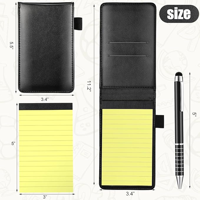 Outus 10 Pcs Mini Pocket Notepad Holder Set Included Small Leather Pocket Notebook Holder with 50 Lined Sheets, Metal Pen, 8 Pcs 3 x 5 Inch Memo Book Refills, 30 Lined Paper Per Note Pad(Black,Yellow)