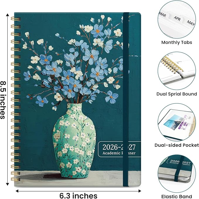 Planner 2026-2027, Academic Planner Weekly and Monthly, Jul 2026 - Jun 2027, Spiral Bound School Planning Tool with Tabs and Pocket, Perfect for Students & Teacher, 6.3" x 8.5", Teal Blooms