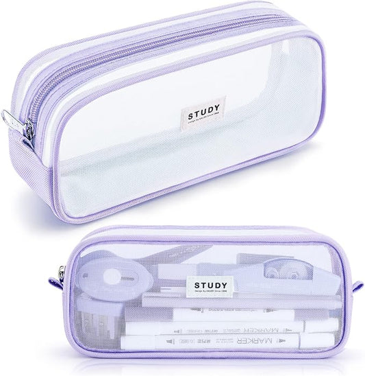 Grid Mesh Pencil Case Pouch Large Capacity Pencil Bag with Zipper | Big Pencil Pouch Purple Simple Stationery Bag Aesthetic Pen Bag for School Teen Girl Multi-Purpose Bag for Office Men Women