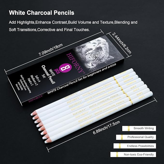 HIFORNY 8 Pieces White Charcoal Pencils Drawing Set for Drawing, Sketching, Shading, Blending - Chalk Pencils for Beginners & Artists