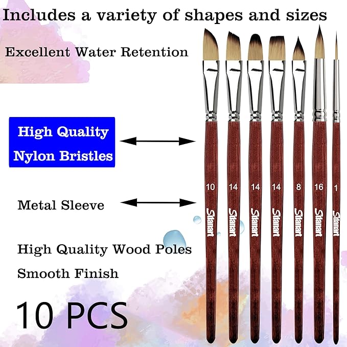 Sdanart Watercolor Brushes Professional，10 PCS Artist Paint Brush Shapes Including Pointed Rounds, Flats，Filbert，Cat's Tongue Oval Wash，Dagger，Suitable for Acrylics Water Color Oil Gouache Ink