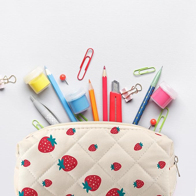 Sherr Strawberry Pencil Case Cute Fruits Pencil Pouch Soft Cotton Quilted Storage Bag Aesthetic Pattern Gift Makeup Pouch Cosmetic Travel Bag for Women