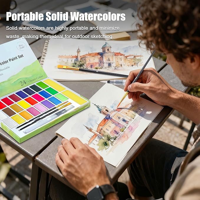 24 Colors Large Block Watercolor Paint Set for Watercolors Workbook, Portable Water Colors Paint Kit with 2 Paintbrushes 1 Waterbrush, for Painting Beginners & Professional Amateur Hobbyists