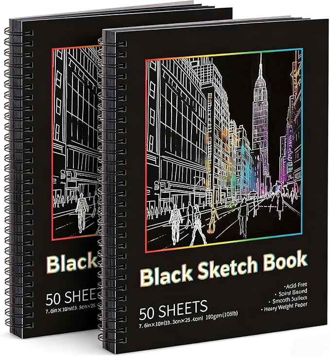 Prudiut Black Paper Sketchbook 2 Pack 7.6x10 Inch 50 Sheets 160gsm Acid-Free Drawing Pad - Spiral Bound Black Sketchbook Artist Mixed Media Charcoal Metal Markers Studio Design Notebook Supplies