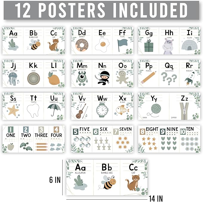 Hadley Designs Alphabet for Classroom Wall Decor - ABC Posters for Classroom Wall Chart Preschool & Kindergarten, ABC Letters & Number Line Elementary, Alphabet Cards, Greenery Classroom Decor
