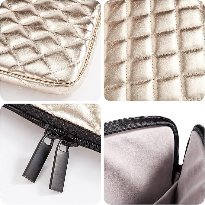 Puffy Laptop Sleeve 11 12 13 13.3 14 15 15.6 inch Case Protective Bag Quilted PU Leather Smooth Zipper Velvet Lined Padded Holder with Pocket