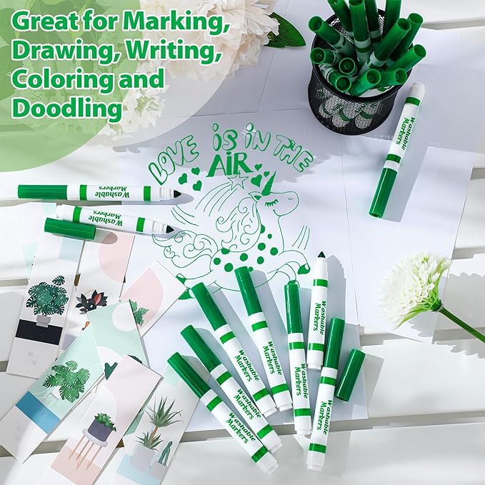 36 Pcs Green Washable Markers Bulk Coloring Broad Line Marker for Kid Green Conical Tip Drawing Pen for Christmas,School Supplies, Travel Art Baby Shower Gender Reveal Party Supplies, Ages 6+