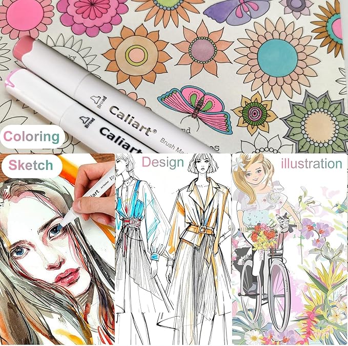 Caliart Pastel Alcohol Markers Brush Tip 61 Colors, Dual Tip Chisel & Brush Set Permanent Art Markers with Case for Artists Adult Coloring Books Illustration Drawing Supplies Gifts, Colorless Blender