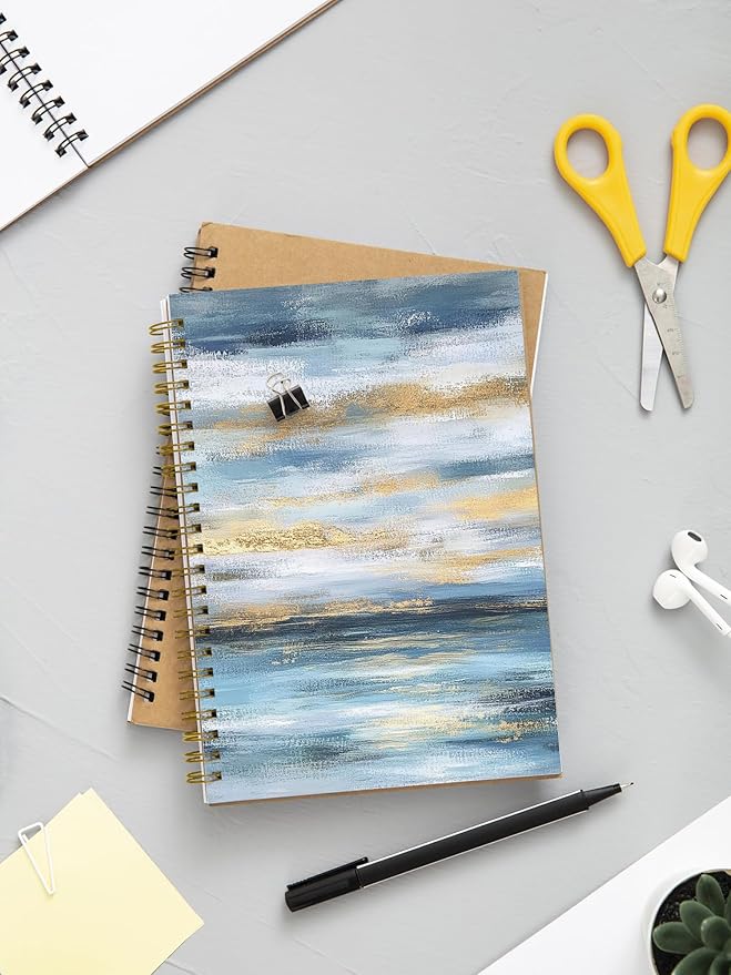 Abstract Blue White and Gold Hardcover Spiral Notebook, Boho Abstract Coastal Ocean Journal, Mid Century Modern Journal, Minimalist Contemporary Blue Ocean Notebook 5.5x8.3 Inch