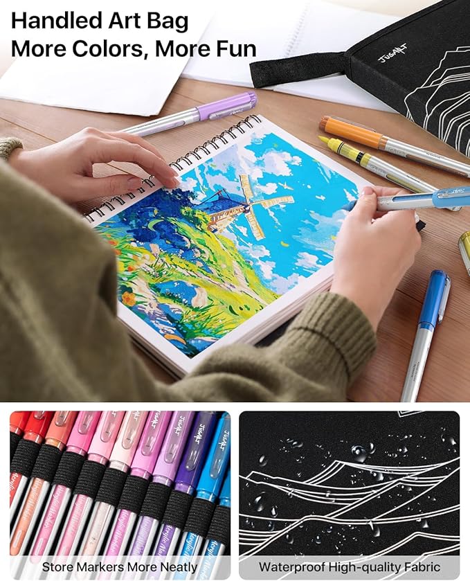 JusArt 36 Colors Acrylic Paint Markers with Canvas Bag, Water-Based No-Bleed Paint Pens with Automatic Ink Control, Waterproof Brush Tip Markers for DIY Art & Crafts -Fabric, Rock, Wood, Glass, Metal