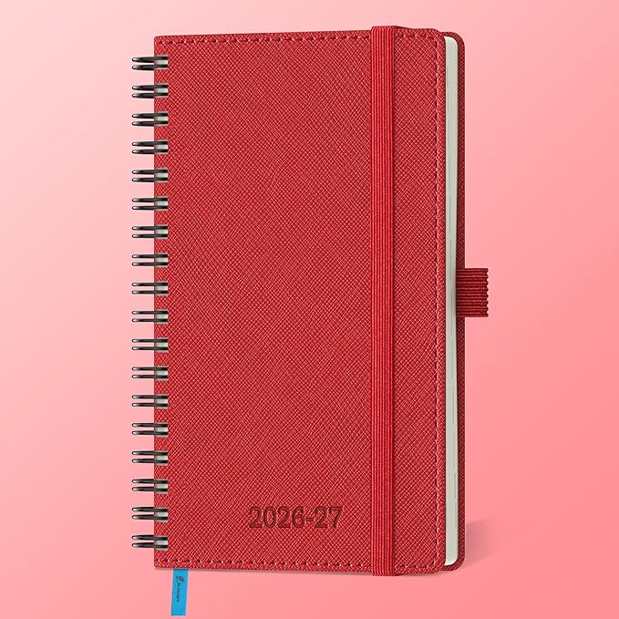 Planner 2026-2027 Daily Weekly and Monthly,6.5"x3.75",18 Months Spiral Bound Calendar Agenda with Self-adhesive Pen Holder,2026 Academic Plan with Vegan Leather Soft Cover,Red