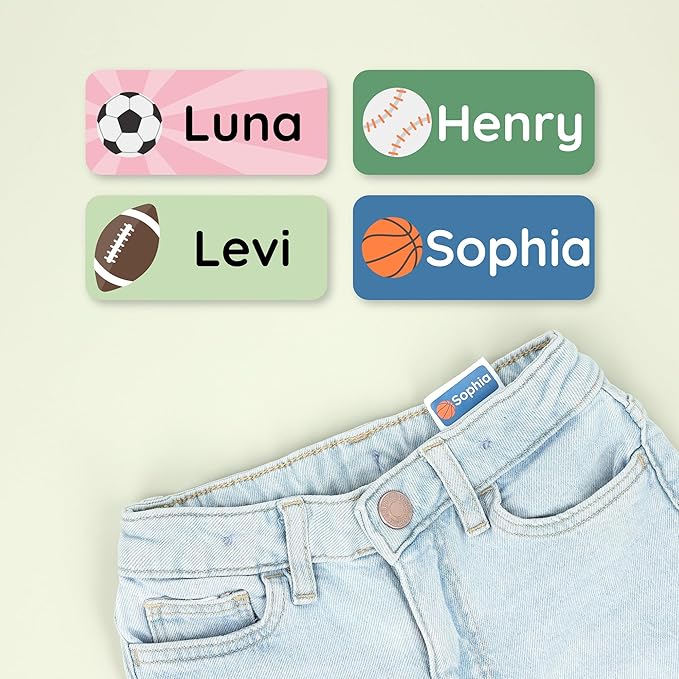 Personalized Name Labels for Kids (60) – Custom Waterproof & Durable Stickers for Clothing, Daycare, Office & School Supplies - Sports