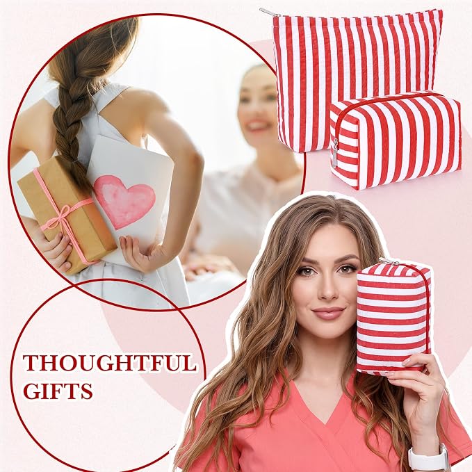 Huhumy 2 Pcs Makeup Bag Set for Women, Red, Wide Striped Seersucker | Cute Cosmetic Pouch Women Travel Toiletry Bag Preppy Small Makeup Purse Pouch Aesthetic Skincare Brushes Storage Organizer