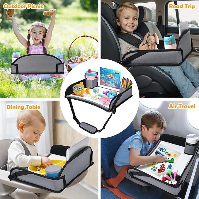 Kids Travel Tray for Toddler Carseat, Road Trip Activities Essentials, Kids Lap Desk Tray with Tablet Holder Stand and Dry Erase Board, Grey