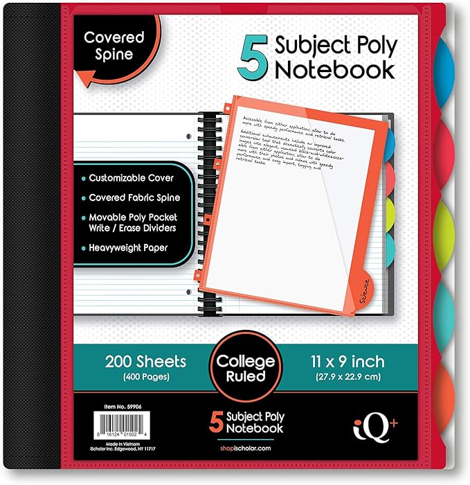 iScholar iQ 5-Subject Poly Cover Wirebound Notebook, College Ruled, 11 x 8.5 Inch Sheet Size, 200 Sheets, Cover Color May Vary (59906)