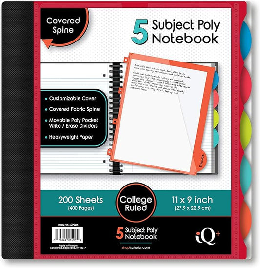iScholar iQ 5-Subject Poly Cover Wirebound Notebook, College Ruled, 11 x 8.5 Inch Sheet Size, 200 Sheets, Cover Color May Vary (59906)